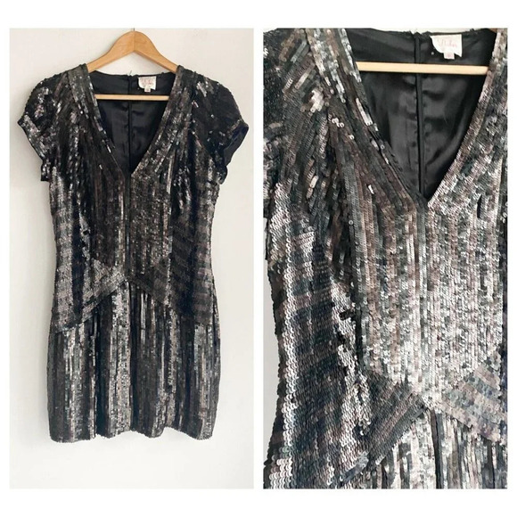 PArker All Sequin Black Brown Flapper Style Mini Dress M - Picture 1 of 10